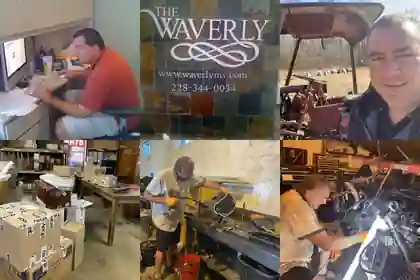 Six documentary photographs showing Benjamin Hornung at a computer, The Waverly sign, salvage and fulfillment work, and hands-on mechanical work